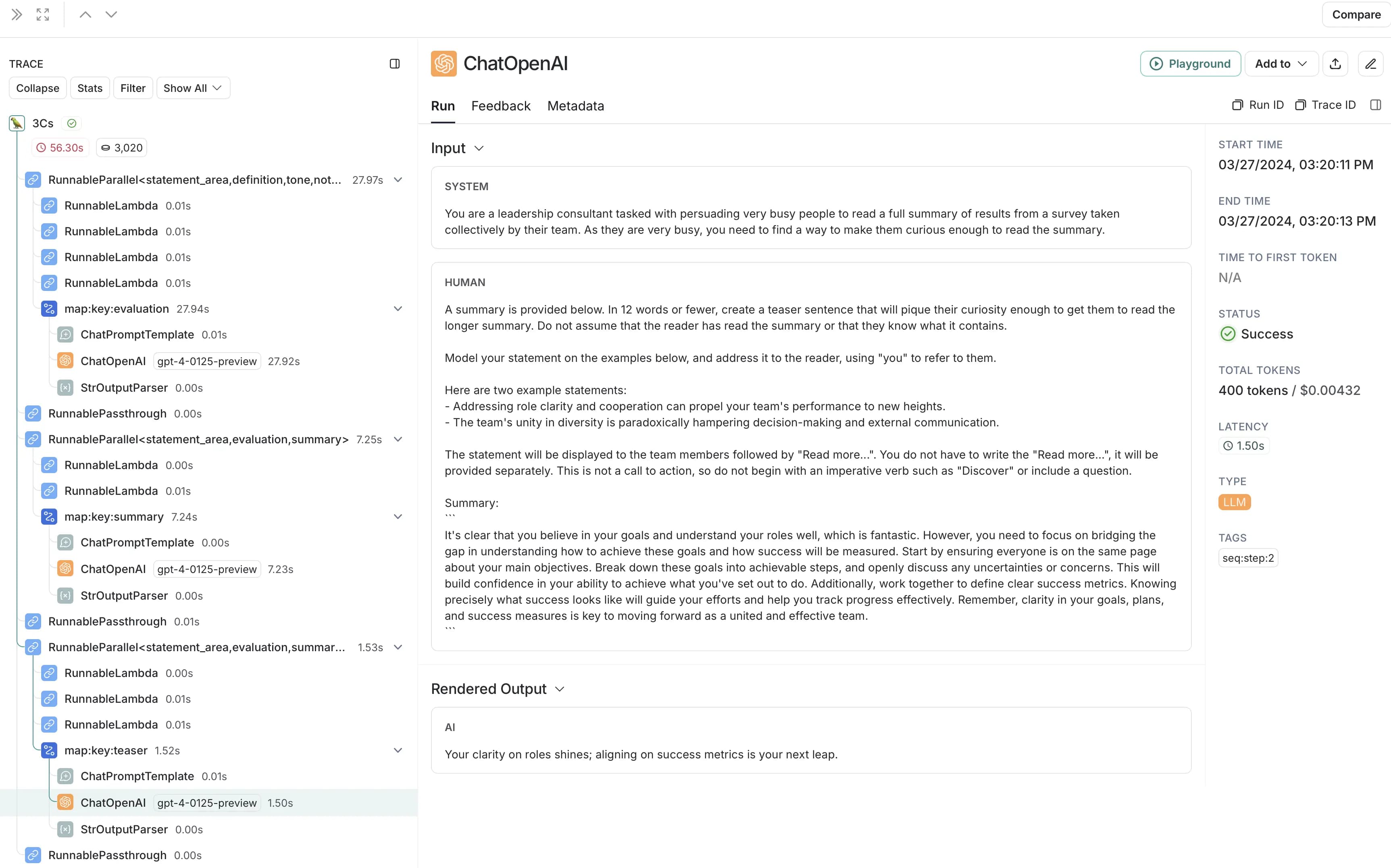 Example monitored LLM flow screenshot from Langsmith