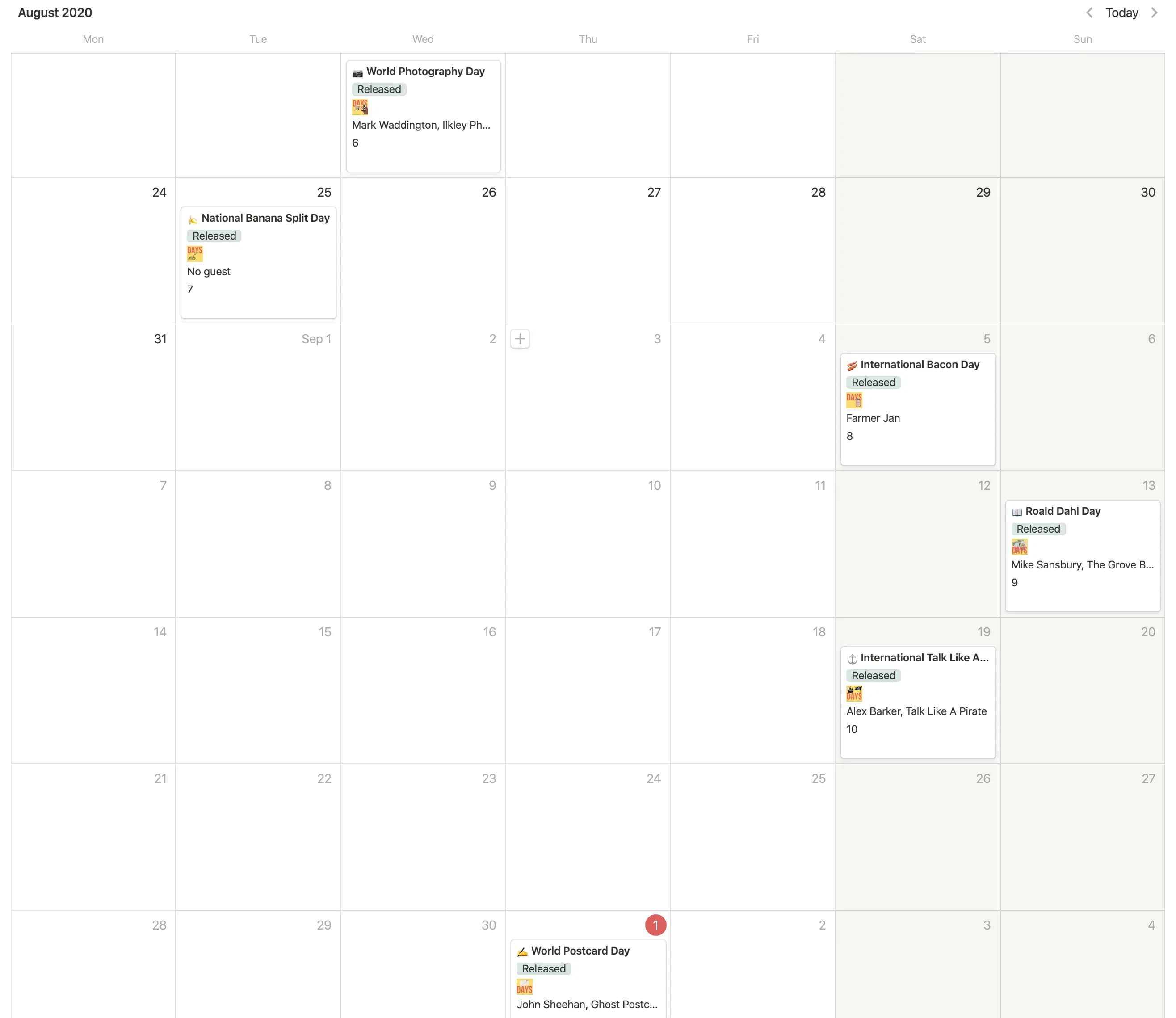 calendar view of database
