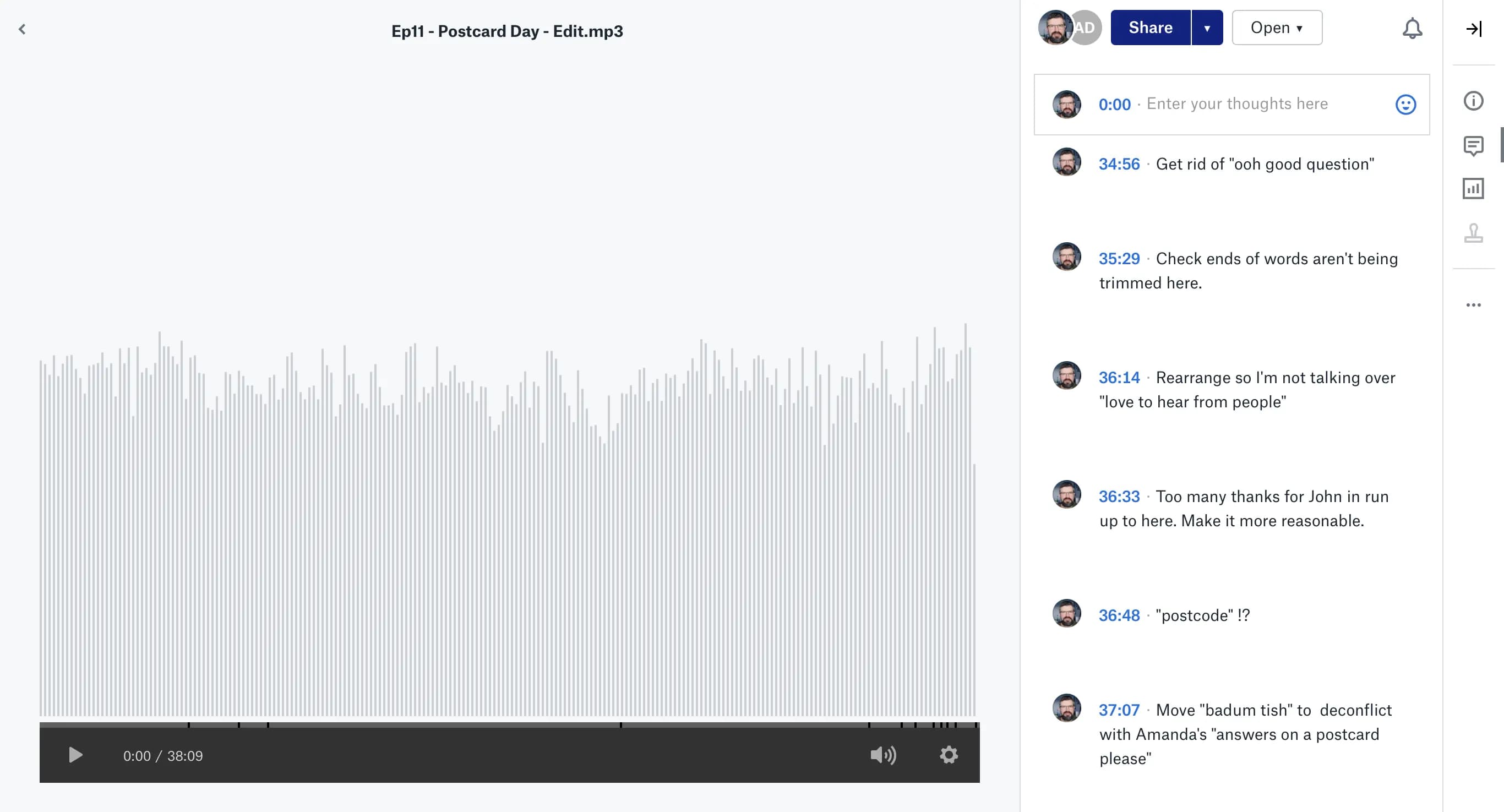 Screenshot of Dropbox comments on an audio file