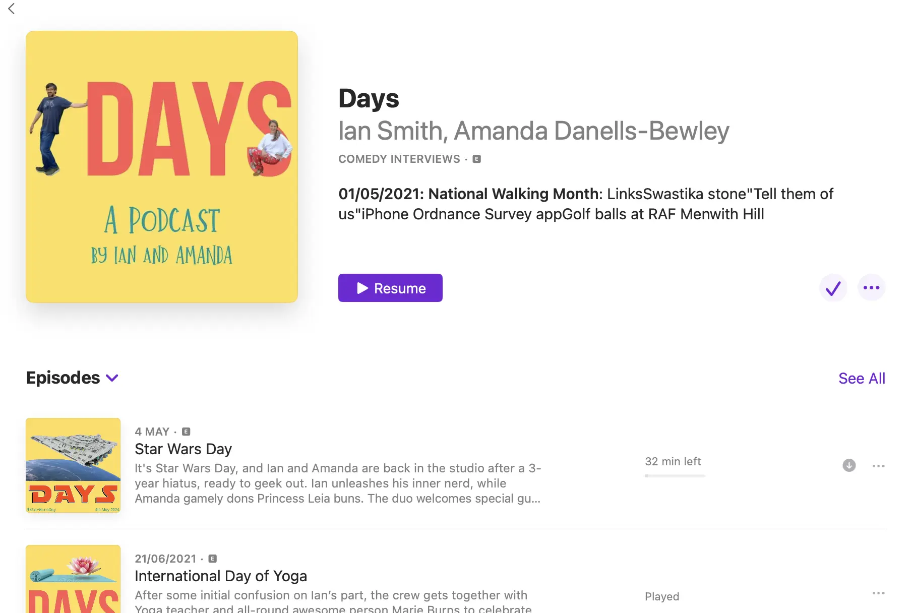 Screenshot of Days podcast on Apple Podcasts