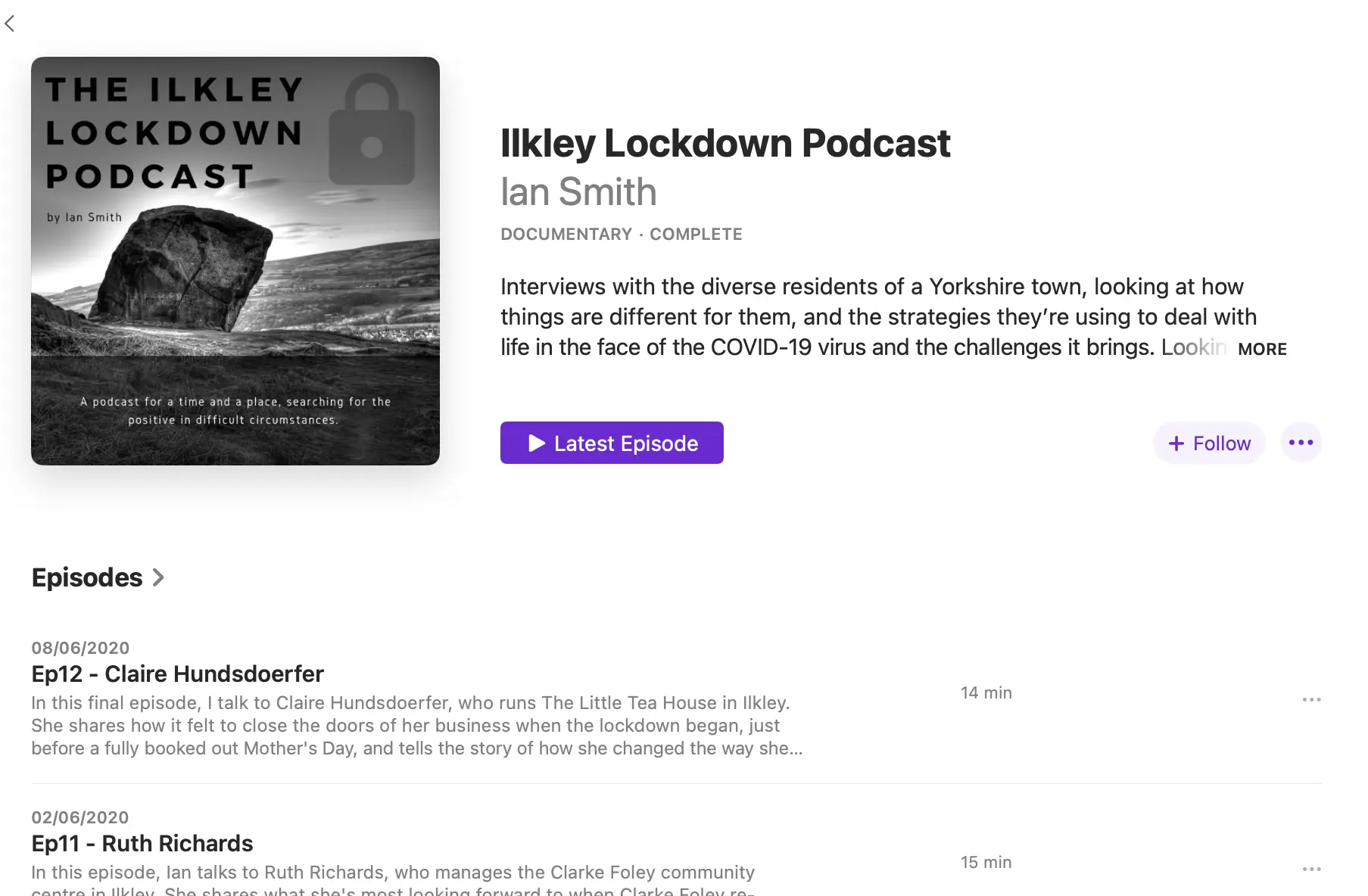 Screenshot of Ilkley Lockdown podcast on Apple Podcasts