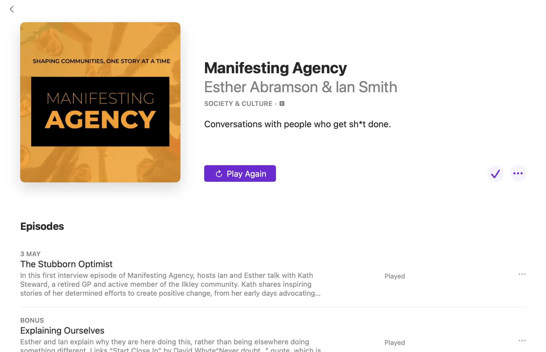 Screenshot of Manifesting Agency podcast on Apple Podcasts